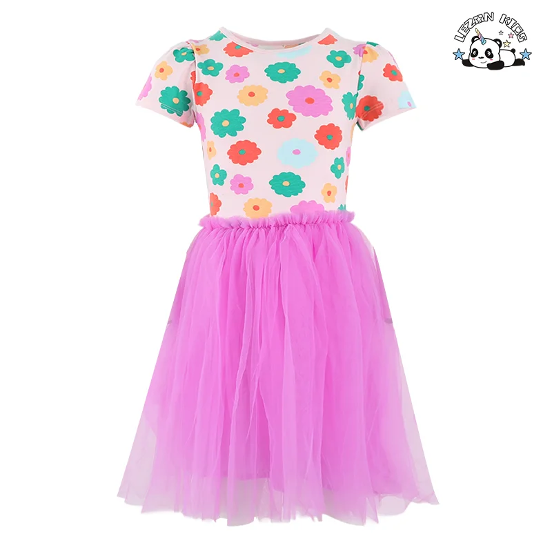 LEZONKIDS - Vestido de verão personalizável para meninas com manga curta e lantejoulas florais para 2-14T